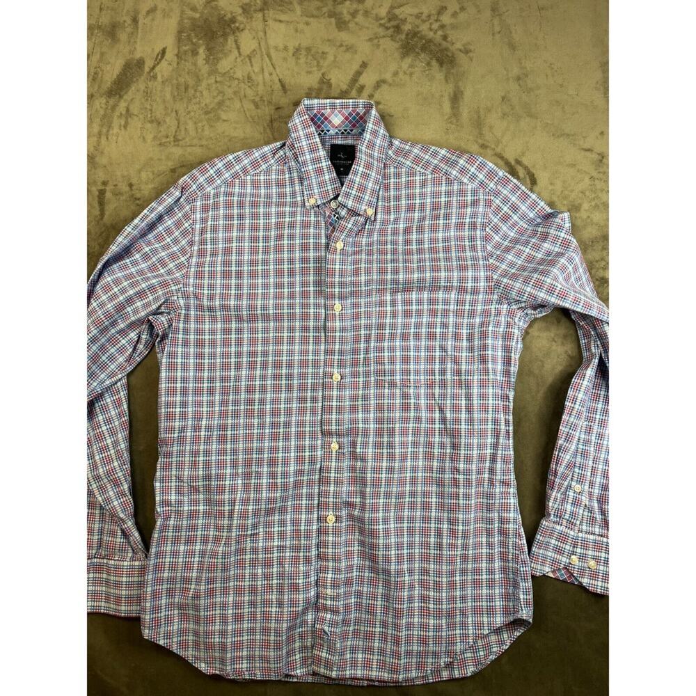 Tailorbyrd Button Up Shirt Mens Medium Blue Red Long Sleeve Plaid Causal